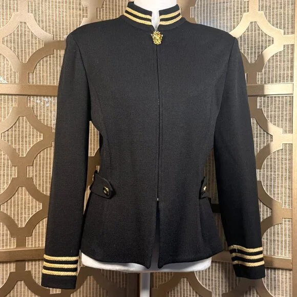 St John Collection Black Knit Jacket Women’s Size 6 Gold Trim Military Style - Picture 2 of 9